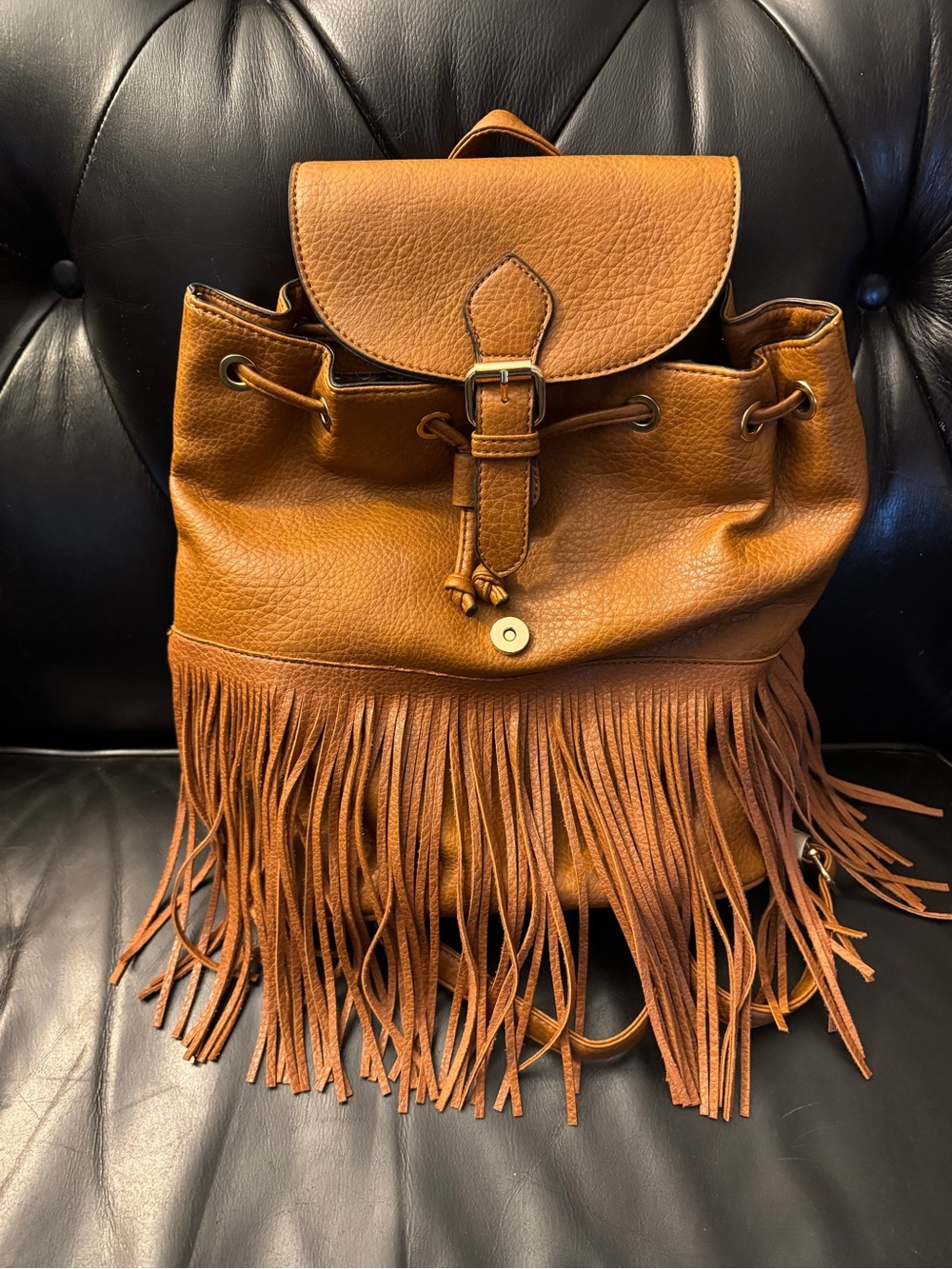 Autumn & Spring Fringe Drawstring Backpack - Cognac Leather